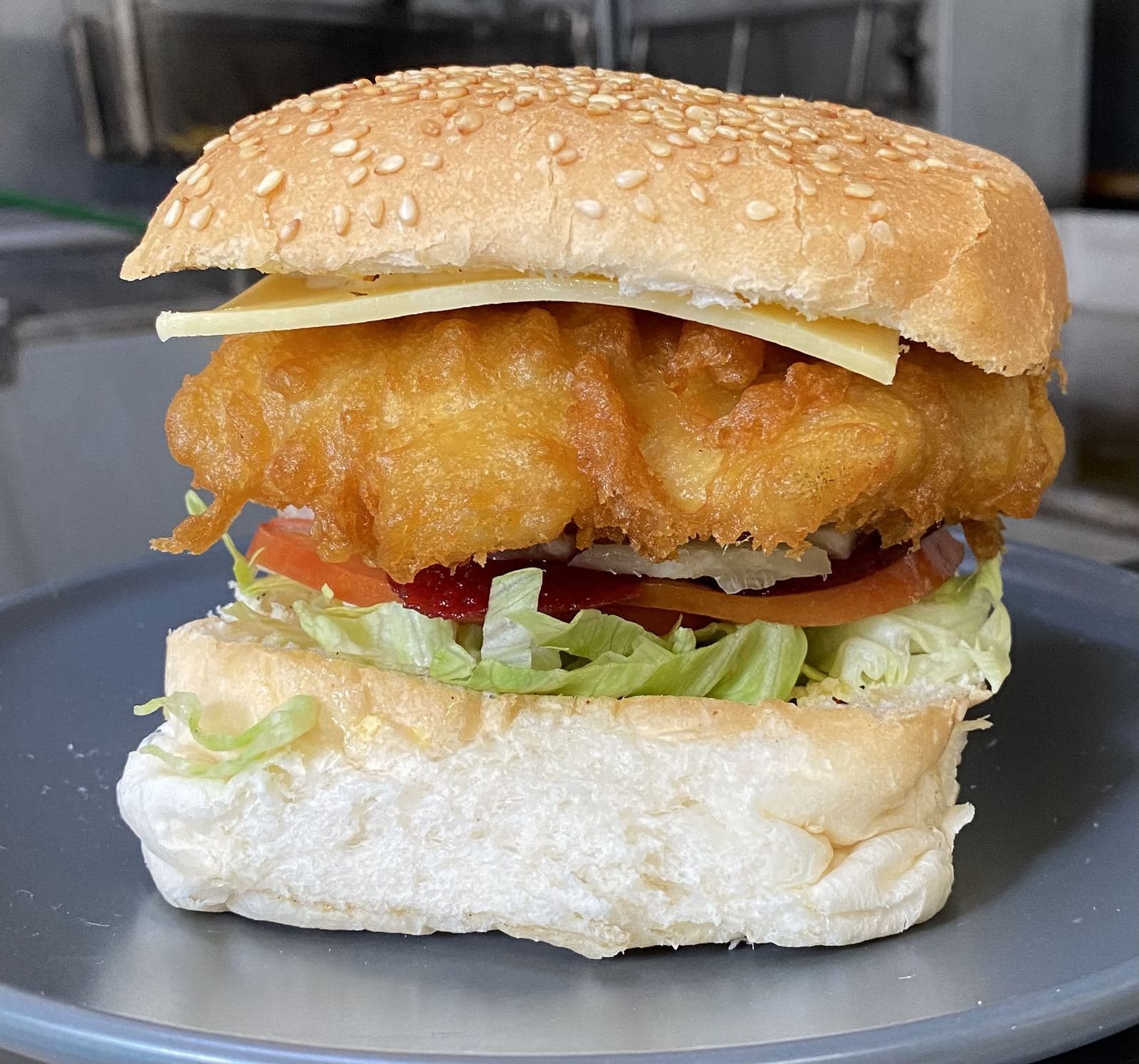 A crumbed fish burger