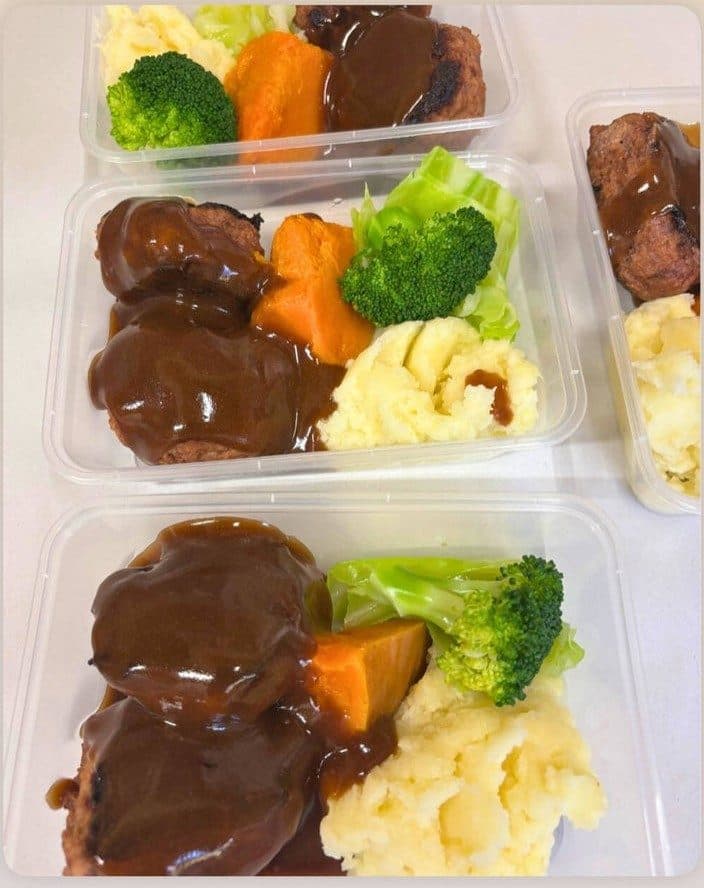 Beef rissoles with mash, pumpkin and vegetables